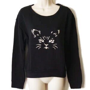Talula French Terry Embroidered Cat Face Box Crop Sweatshirt M Black